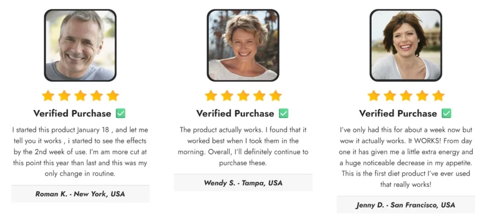 Customer testimonial artwork featuring Roman K., Wendy S., and Jenny D.; individual results vary